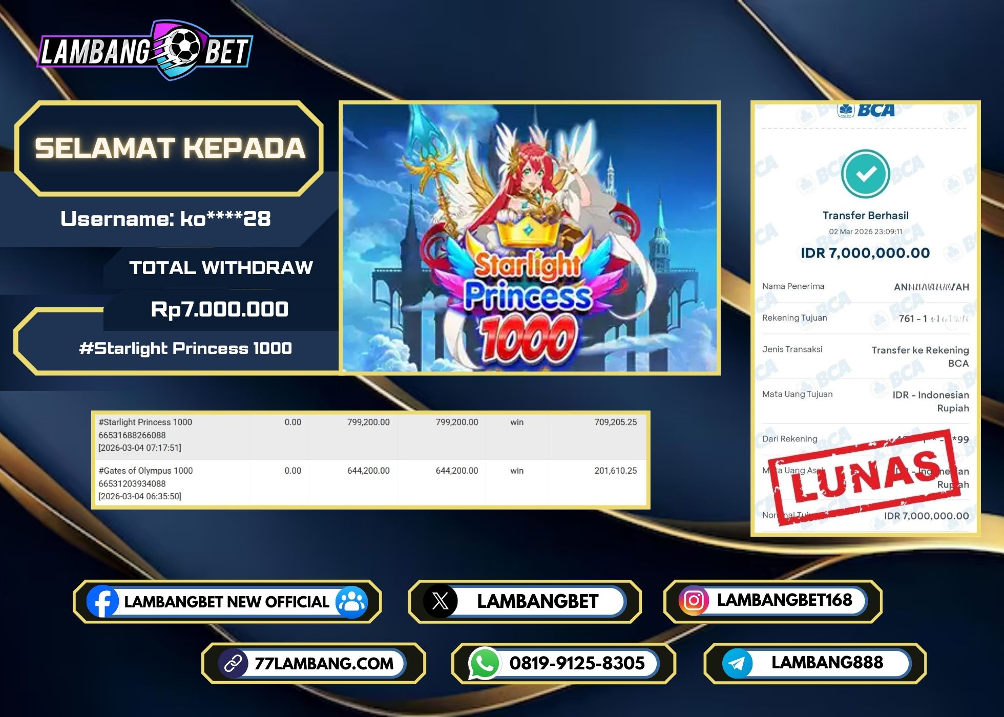 LAMBANGBET [2 MARET 2025] JACKPOT SLOT Starlight Princess 1000 "Rp7.000.000" LUNAS